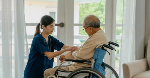 A caregiver and elderly woman are sharing a moment of connection, with the caregiver offering a cup of tea to the woman while seated in a wheelchair